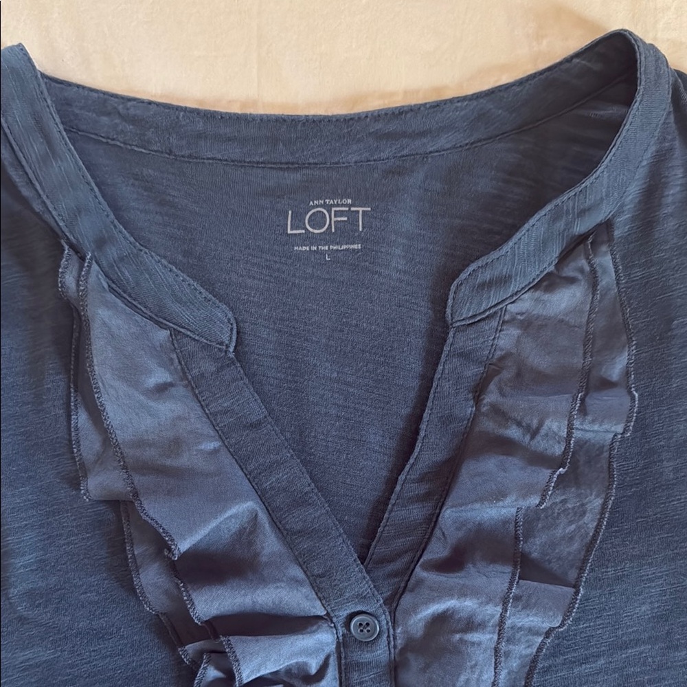 LOFT Blue Ruffle Button-Up - Picture 2 of 5